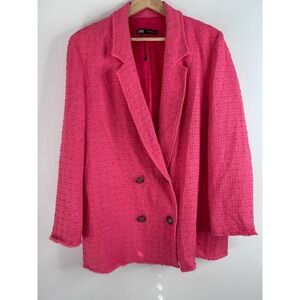Zara Womens Pink Textured Tweed Double Breasted Fringed Blazer Jacket XL Preppy
